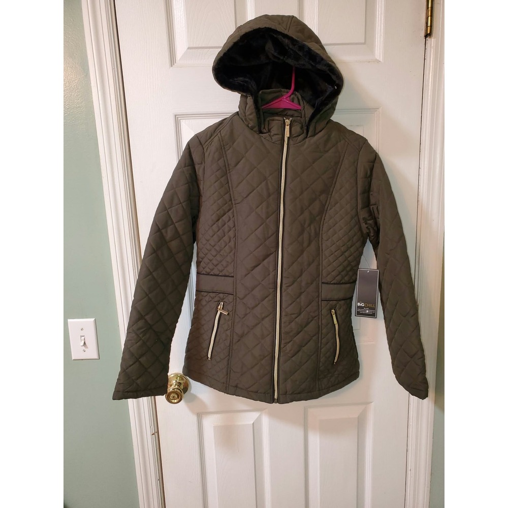 Big Chill Womens Quilted Hooded Jacket Olive Green Faux Fur Lined Size S NWT